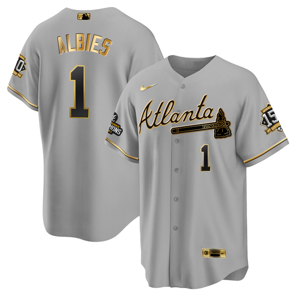 Men's  Grey/Gold Atlanta Braves #1 Ozzie Albies 2021 World Series Champions With 150th Anniversary Patch Cool Base Stitched Jersey